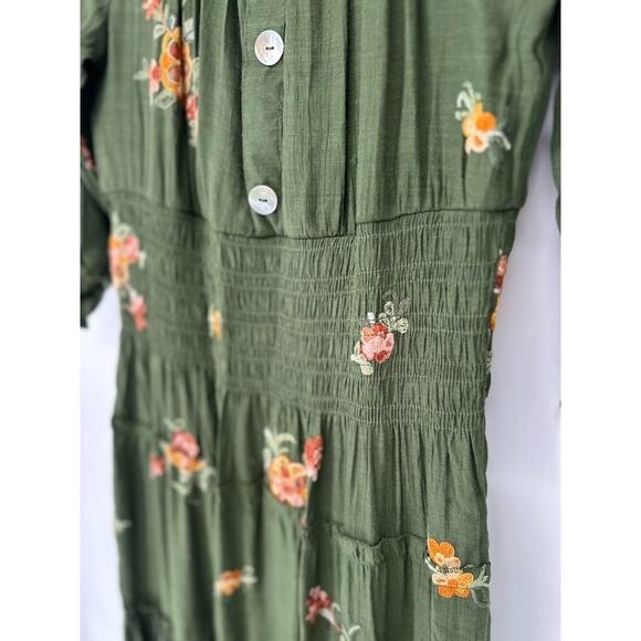 Anthropologie Fig and Flower Embroidered Smocked Tiered Ruffle Maxi Dress Medium - Picture 4 of 11